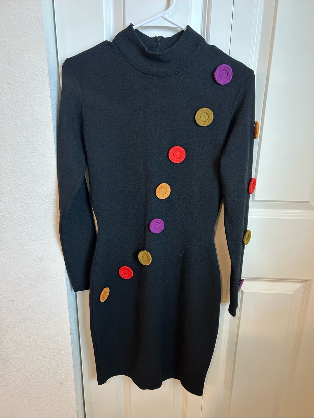 Vintage 1980s Andrea Jovine Black 100% Wool Knit Dress Multicolor Button